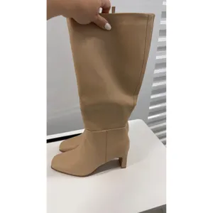 Beige Square Toe Block Heel Knee High Boots Tan Tall Side Zip Size 41 US 10,5 thumbnail 3