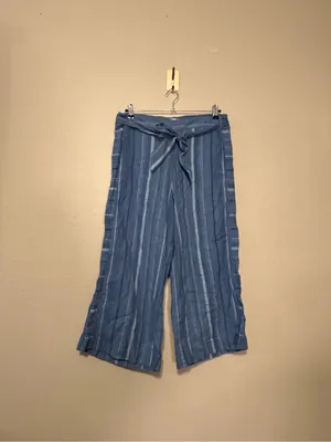 Anthropologie Blue Striped Cropped Wide-Leg Linen Pants Size Medium thumbnail 3