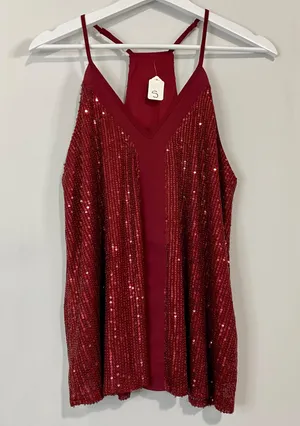 Women’s Sequin Spaghetti Strap Racerback Flowy Tank Maroon NWOT thumbnail 1