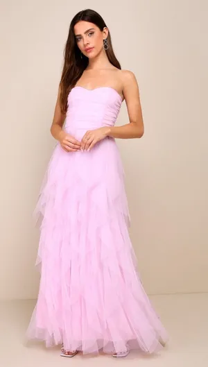 Lulus Delightful Beauty Pink Mesh Strapless Ruched Ruffled Maxi Dress Small NWT thumbnail 1