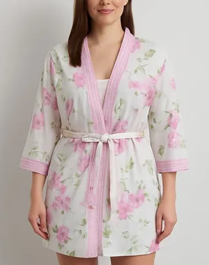 Pink Floral‎ Bath Robe Womens XL Cotton Blend Kimono Style Lightweight Belted thumbnail 1