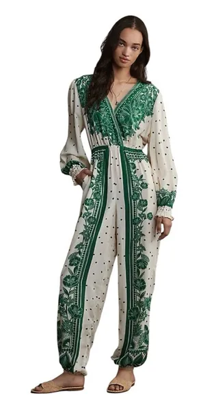 FARM RIO C ANTHROPOLOGIE Green & White Floral Dot Jumpsuit thumbnail 1