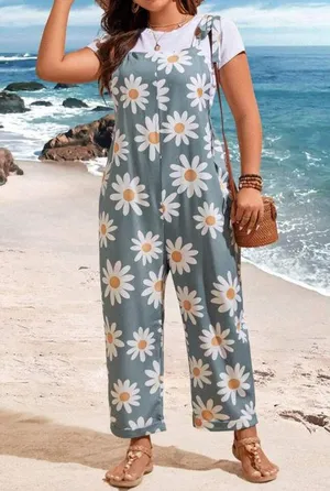 Overalls Harem Pants Adjustable Strap Ethnic Floral Jumpsuits Wild Leg XL Loose Fit Cure Rompers VTG design thumbnail 4