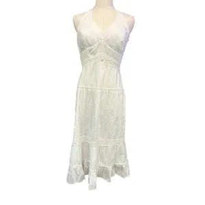 Sangria White Midi Dress Y2K Eyelet Baby Doll Halter Side Zip Cotton Size 8 FLAW thumbnail 2