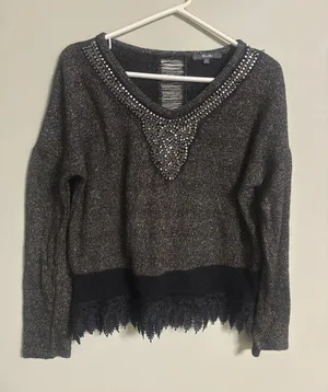 Miss Me Beaded Embellished Lace Trim Top Sweater Size Medium Y2K Glam Boho thumbnail 1