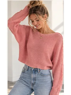 LA MIEL Dusty Rose Pink Knit Sweater Cropped Boat Neck Long Sleeve Small NWT thumbnail 2