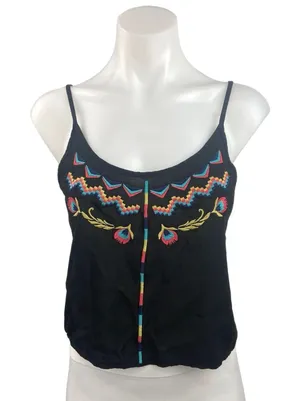 Love Squared Black Floral Embroidered Cami Camisole Boho Hippie Tank Top Size M thumbnail 1
