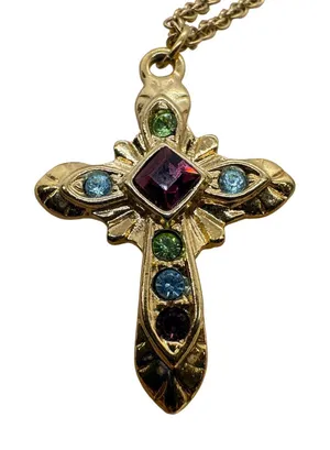 Vintage Premier Designs Gold Tone Multi Color Rhinestone Cross Necklace 18 Inch thumbnail 1