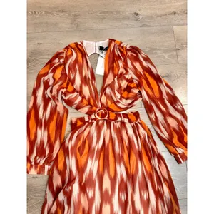 NWT O.P.T Kimia Orange Ikat Maxi Dress Belted Plunge‎ Neck Medium M thumbnail 3