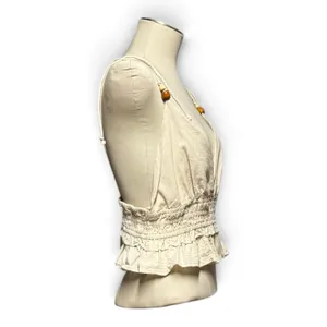 Sim & Sam Cotton Linen Cropped Smocked Top V-Neck Natural Oatmeal Tan Beige XL thumbnail 6