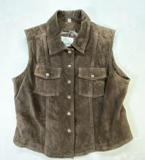 Vakko Vest Womens M Brown Leather Suede Collared snap front Pockets‎ Lined thumbnail 1