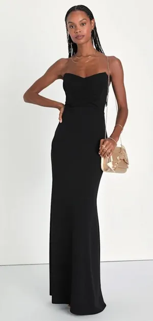 NWOT Lulus Iconic Arrival Black Strapless Bustier Mermaid Maxi Dress Party Sz S thumbnail 1