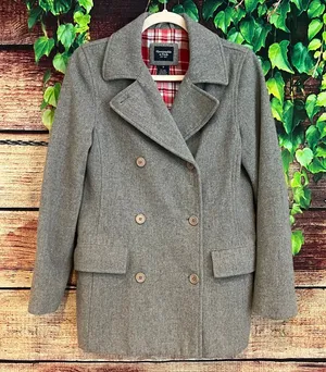 Y2K Abercrombie & Fitch Pea Coat Peacoat Jacket Womens Small Grey Red Plaid Wool thumbnail 1