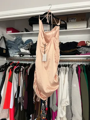 Leau Cabo gold satin adjustable strappy rouched mini dress M NWT thumbnail 9