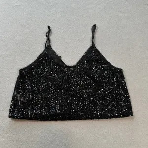 Triple Seven Sequin Cami Tank Top Black L Sparkly Adjustable Straps Tie V Neck thumbnail 2