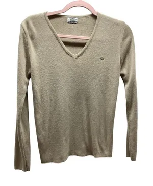 Lacoste Size 40 Women's Tan V-Neck Sweater. Preloved. thumbnail 1
