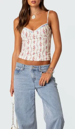 Edikted Indira Floral Lace-Up Corset Camisole Tank Top Large Coquette thumbnail 1