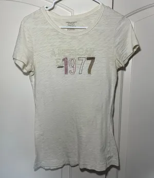 American Eagle Outfitters Y2K 1977 Embroidered Baby Tee‎ Womens M Cream Top thumbnail 1