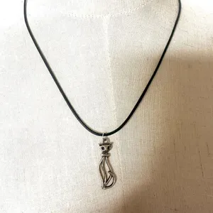 Silver tone cat pendant necklace on black cord thumbnail 4