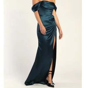 NEW Lulus Stunning Arrival Dark Teal Satin Off-the-Shoulder Maxi Gown Dress thumbnail 2