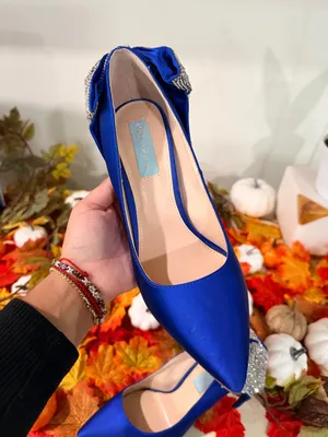 Betsey Johnson Royal Blue Satin Pointed Toe Heels with Crystal Bow thumbnail 5
