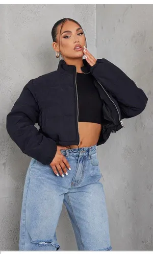 Pretty Little Thing NWT- Black Super Cropped peach Skin Puffer size medium thumbnail 1