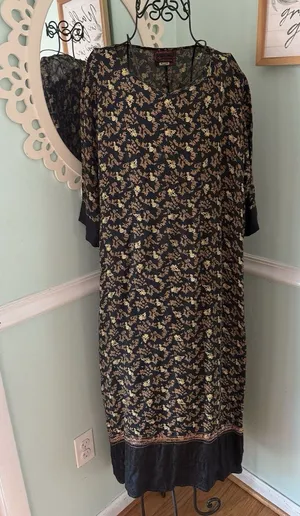 April Cornell For Cornell Trading Black Floral Midi Dress‎ Size Large Vtg Kaftan thumbnail 1