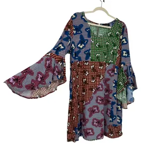 Eloquii Patchwork Floral Polka Dot Bell Sleeve Mini Dress Size 14 Fall Leaf thumbnail 1