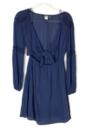 Roxy Navy Blue Long Sleeve Tie Front Beachy Mini Dress Womens XS thumbnail 1