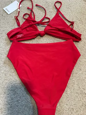 NWT Quince knotted high leg bikini set cherry red thumbnail 4