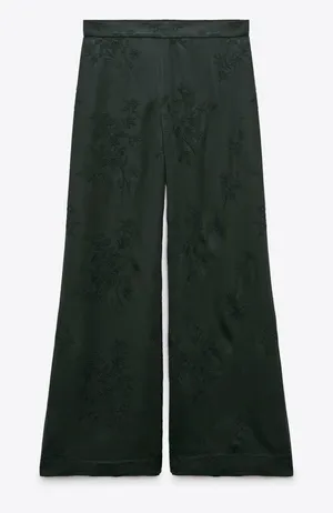 Zara Luxury Green‎ Bohemian Embroidered Satin Effect Wide Leg Lounge Pants Sz L thumbnail 1