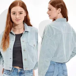 AMERICAN EAGLE Bomber Cropped Corduroy Light Blue Cotton Jacket Sz S thumbnail 2