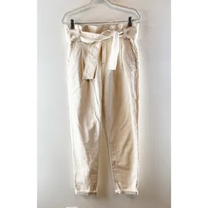Sezane High Rise Paperbag Belted Tapered Straight Leg Jeans Cream 36 thumbnail 2