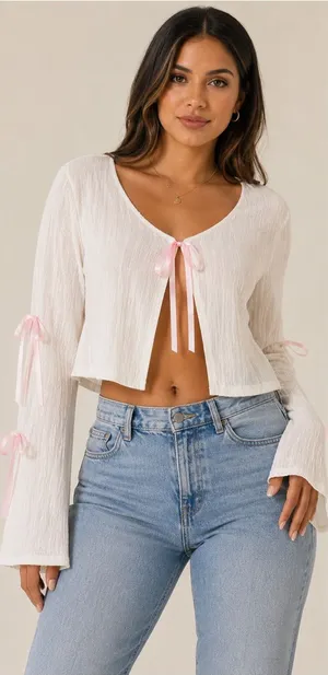 ROMWE White Crop Top with Pink Ribbon Ties thumbnail 1