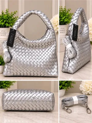 Metallic Silver Woven Hobo Handbag thumbnail 2