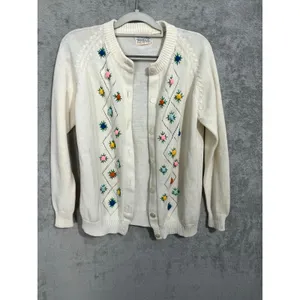 VTG Superbly Cardigan Sweater Large Ivory Embroidered Roses Cottage Core thumbnail 3