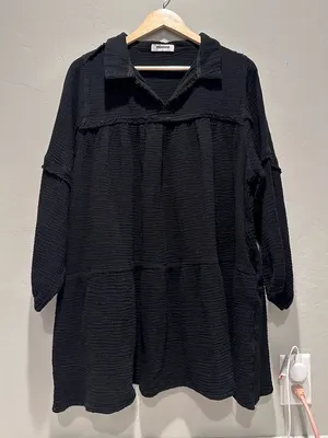 Mienne Black Babydoll Cotton‎ Collared Textured Mini Dress Large Pockets thumbnail 1