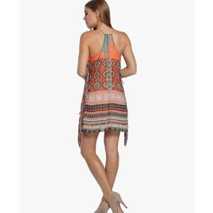 Lavender Brown Orange Aztec Print Fringe Mini Dress Size XS thumbnail 2