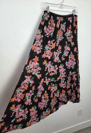 Maxi Length Tiered Floral Skirt Cotton Blend Boho Gypsy Hippie Cottagecore M thumbnail 1