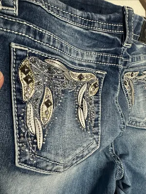 Miss Me Jeans Women's Blue Diamond Studded Pockets Y2K Bling Cowgirl thumbnail 5