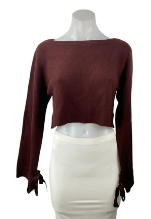 Aritzia Wilfred 100% Merino Wool Brown Knit Long Sleeve Crop Sweater Top Sz XXS thumbnail 1