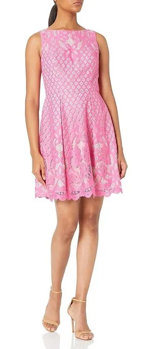 Adrianna Papell Giselle Pink Floral Lace Fit and Flare Dress Sz 12 Wedding Party thumbnail 1