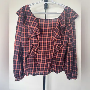 Madewell Plaid‎ Ruffled Sqaureneck Gingham Red and Black Top Size L Cotton thumbnail 7