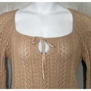 American Eagle Crochet Knit Sweater Size XL Tan Pointelle Boho Romantic Y2K thumbnail 3
