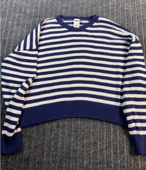 PINK Victoria's Secret Sweater Women M Blue White Striped Cropped Sleeve Detail thumbnail 1