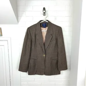 Vintage Chelsea Campbell Petites Brown Houndstooth Wool Blazer Jacket Size 8P thumbnail 2