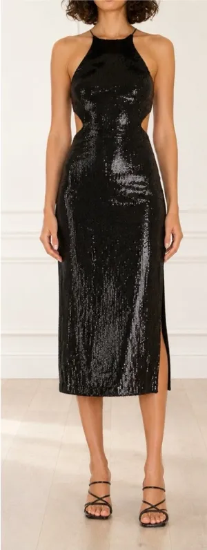 Bardot Easton Dress Size 6 Black Sequin Open Back Thigh Slit Midi Cocktail NWT thumbnail 1