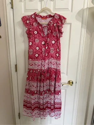Oliphant Tuckernuck Jaipur Pink Rose Ruffle Bohemian Boho Maxi Dress Flowy thumbnail 2