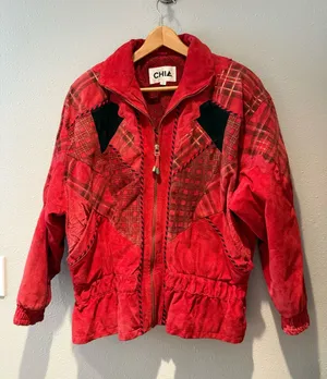 Vintage CHIA Red 100% Leather Patchwork Plaid Western Jacket Bomber Size Medium thumbnail 1