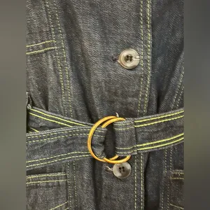 No Tag Denim Tie Blue Jean Jacket With Yellow Thread Collar Button Down Sz 9/10. thumbnail 3